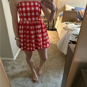 Red and White Gingham Strapless Dress